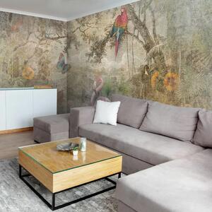 Carta da parati moderna Paradiso tropicale - uccelli e farfalle colorati su paesaggio pittoresco