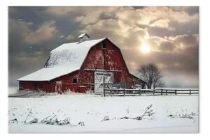 Quadro su tela Paesaggio innevato - un fienile in un paesaggio invernale al tramonto
