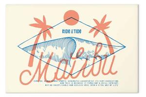 Quadro contemporaneo Malibu Surfing - spiaggia, palme, grande onda e un cartello in inglese Ride the Tide