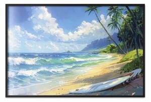 Poster: Beach dream - una tavola solitaria sullo sfondo di onde e palme