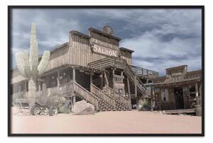Poster: Vecchio saloon - edificio in legno nel deserto con cactus e cielo