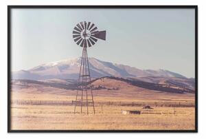 Poster: Prateria infinita - prato con grande mulino a vento e sfondo montano