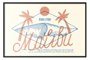 Poster: Onde di Malibu - palme e slogan Ride the Tide sullo sfondo dell'oceano