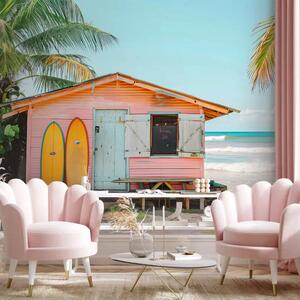 Carta da parati Surf Shack - lodge dai colori pastello con due tavole da surf e palme