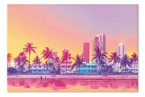Quadro moderno Spiaggia al neon - edifici colorati e palme al tramonto