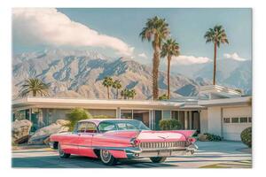 Quadro moderno Cadillac retrò - auto d'epoca sullo sfondo di montagne e palme