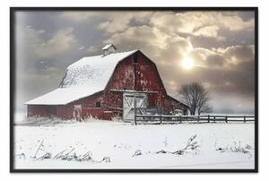 Poster: Fattoria innevata - pittoresco granaio rosso in paesaggio innevato