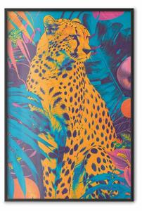 Poster: Design esotico - ghepardo al neon su sfondo tropicale