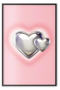 Poster: Amore metallico - cuori d'argento su sfondo rosa con sfocatura