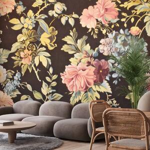 Carta da parati Fiori vintage - composizioni di piante classiche su sfondo marrone