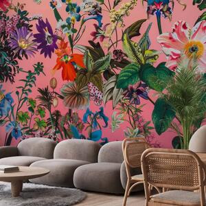 Carta da parati moderna Fiori esotici - composizioni di piante vivaci su sfondo rosa