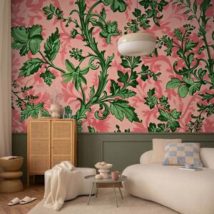 Carta da parati moderna Foglie verdi - motivi floreali classici su sfondo rosa
