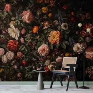 Carta da parati Paradiso floreale - composizione di rose e fiori su sfondo scuro