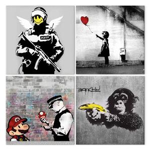 Quadro su tela Banksy Street Art - diverse opere iconiche dell'artista con motivi umoristici