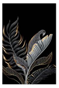 Quadro contemporaneo Foglie eleganti - motivi vegetali in oro e argento su sfondo nero