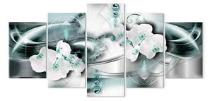Quadro Orchidea moderna: fiori bianchi su uno sfondo di motivi astratti grigi e blu