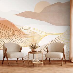 Carta da parati moderna Occidente beige - grafica con montagne e sole al tramonto