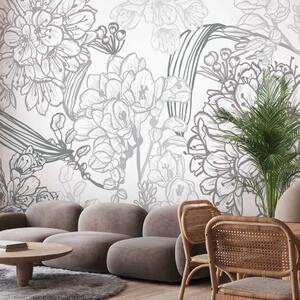 Carta da parati moderna Fiori delicati - motivo floreale artistico con dettagli sottili