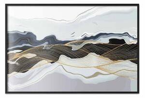 Poster: Flusso astratto - linee dorate su uno sfondo grigio ondulato