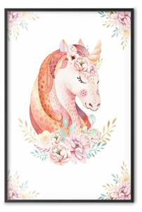 Poster: Unicorno arcobaleno - ritratto artistico con fiori pastello