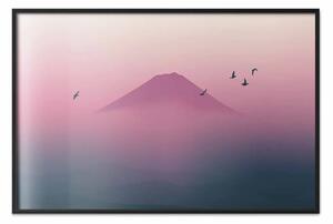 Poster: Fuji in rosa - paesaggio tranquillo con nebbia e uccelli in volo