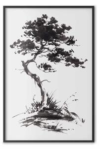 Poster: Albero all'ombra - acquerello di un albero in colori monocromatici