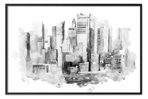 Poster: Città in bianco e nero - grattacieli acquerellati in stile moderno