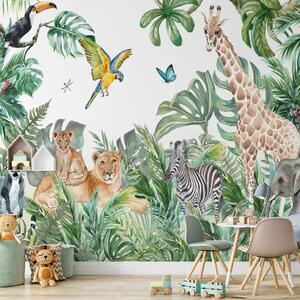 Carta da parati moderna Avventura tropicale - illustrazione di una giungla con animali esotici