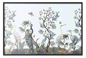 Poster: Giardino esotico - illustrazione ricca di uccelli e piante colorate