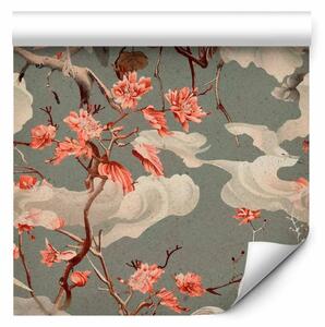 Tappezzerie Gru e fiori - elegante composizione con uccelli e ramoscelli