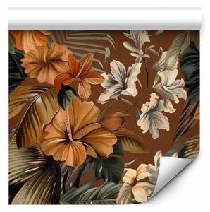 Tappezzerie Eleganza tropicale - composizione lussureggiante di fiori e foglie