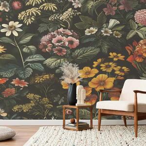 Carta da parati moderna Fioritura notturna - fiori in composizione scura ed elegante