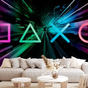 Carta da parati Simboli luminosi - Esplosione dinamica di colori con segni geometrici