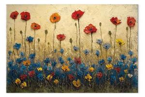 Quadro su tela Papaveri e fiordalisi - fiori rossi, blu e gialli in un campo