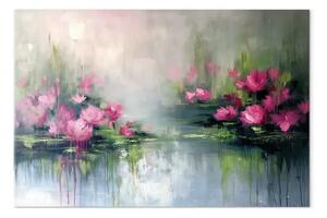 Quadro su tela Stagno con gigli - fiori rosa riflessi nell'acqua