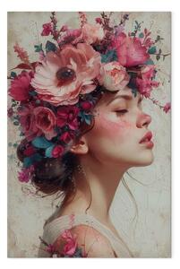 Quadro moderno Sogno di rosa - donna con bouquet di fiori sulla testa