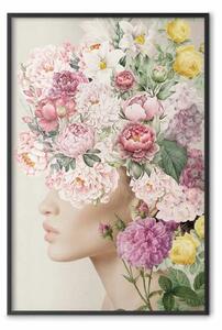 Poster: Donna in fiore - illustrazione elegante del volto circondato da fiori colorati