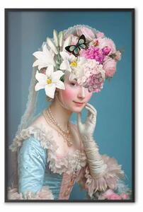 Poster: Aristocratica floreale - dama elegante con bouquet di fiori e farfalla