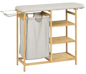 HOMCOM Cestino Portabiancheria in Bambù e Poliestere con Asse da Stiro e Ripiano a 3 Livelli, 113x34x82 cm