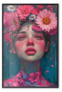 Poster: Bellezza in fiore - colori vivi di fiori attorno ai lineamenti delicati del volto