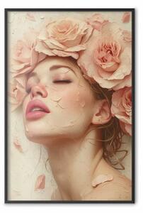 Poster: Delicatezza floreale - ritratto delicato con fiori rosa sul volto