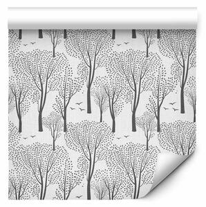 Tappezzerie Uccelli sopra la foresta - disegno grafico di alberi su sfondo chiaro