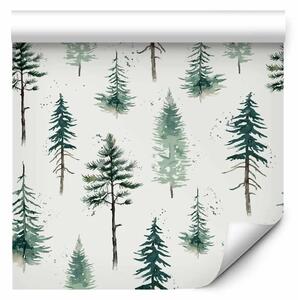 Tappezzerie Foresta acquerellata - alberi di conifere verdi su sfondo innevato