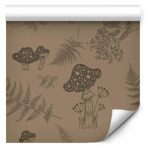 Tappezzerie Funghi forestali - disegno grafico di funghi e foglie su sfondo marrone