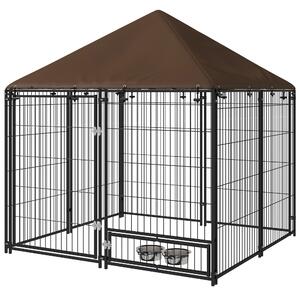 PawHut Recinto per Cani in Metallo e Tessuto Oxford con Porticina per Ciotole, 141x141x151 cm, Nero e Marrone