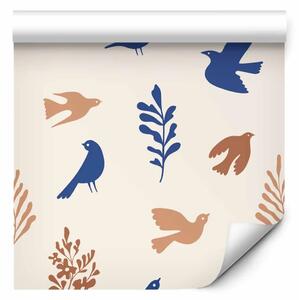 Tappezzerie Mattino autunnale - silhouette minimaliste di uccelli e piante su sfondo chiaro