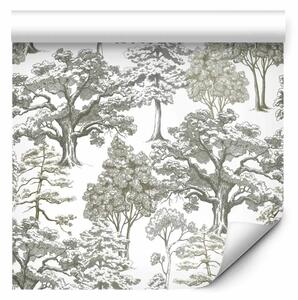Tappezzerie Nella vecchia foresta - disegno di diversi tipi di alberi su sfondo chiaro