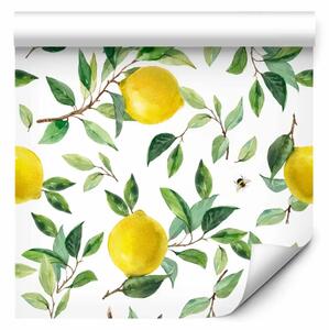 Tappezzerie Frutti solari - limoni su rami con foglie su sfondo bianco