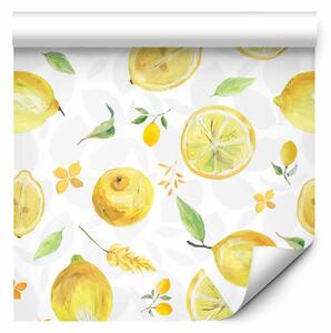 Tappezzerie Fruttato - limoni succosi, foglie e fiori su sfondo chiaro