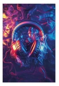 Quadro su tela Onda sonora - cuffie circondate da effetti luminosi neon e fluidi